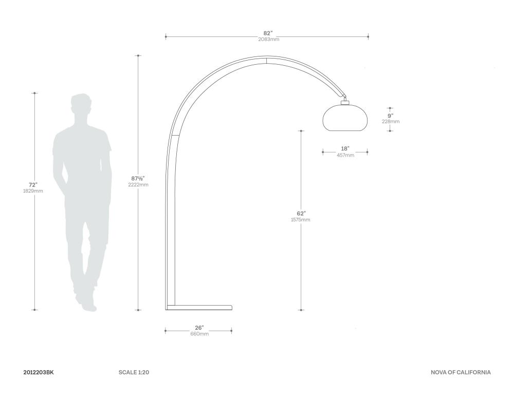 Vaulted Arc Floor Lamp by Peter Morelli 86″ - 1968 Design, Black Wood, Satin Nickel, Dimmer Switch, V-Base Dimensions